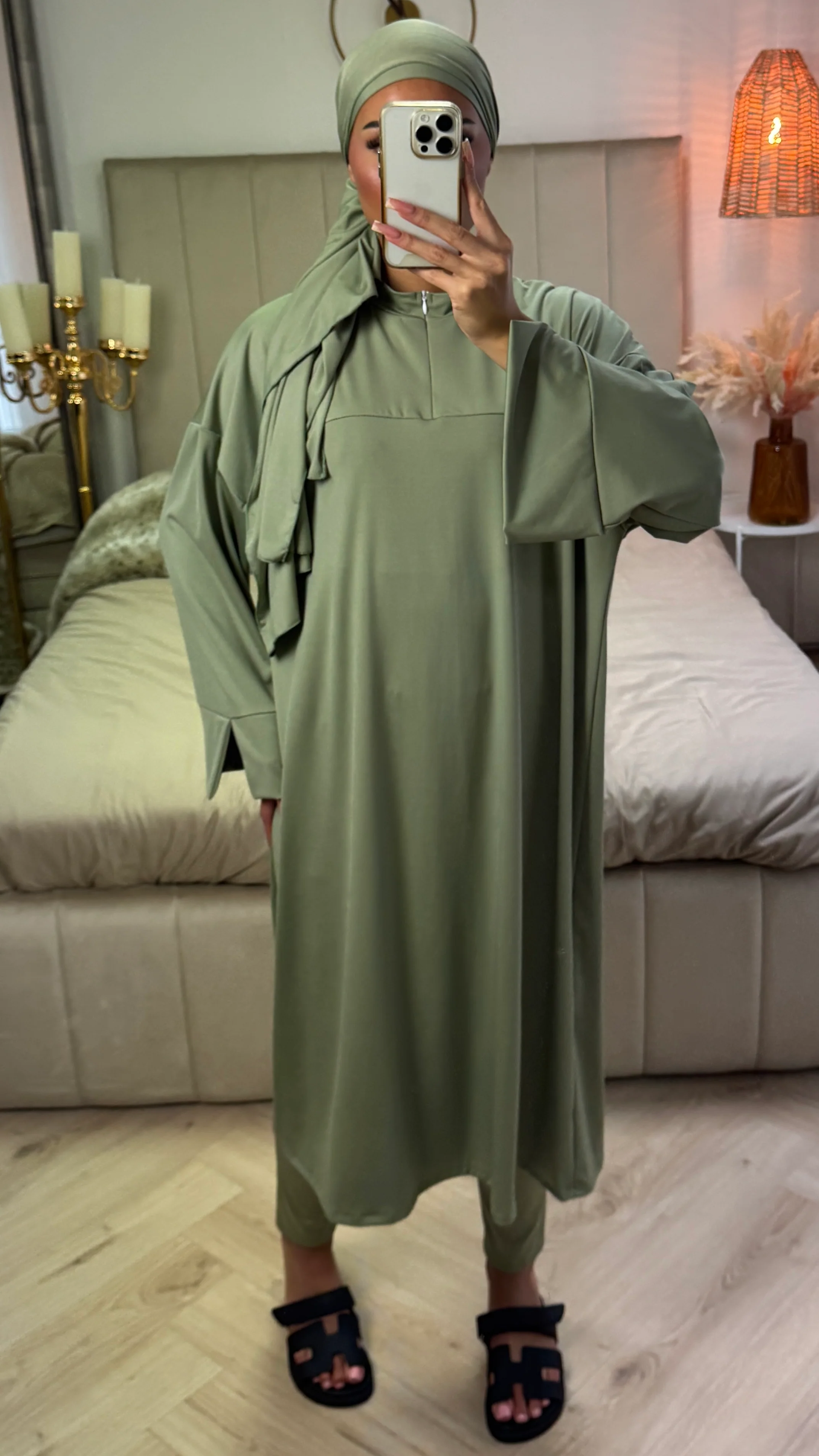 Zipper Essential Long Burkini Split Sleeve Detail + Hijab -Tie Belt - Image 6
