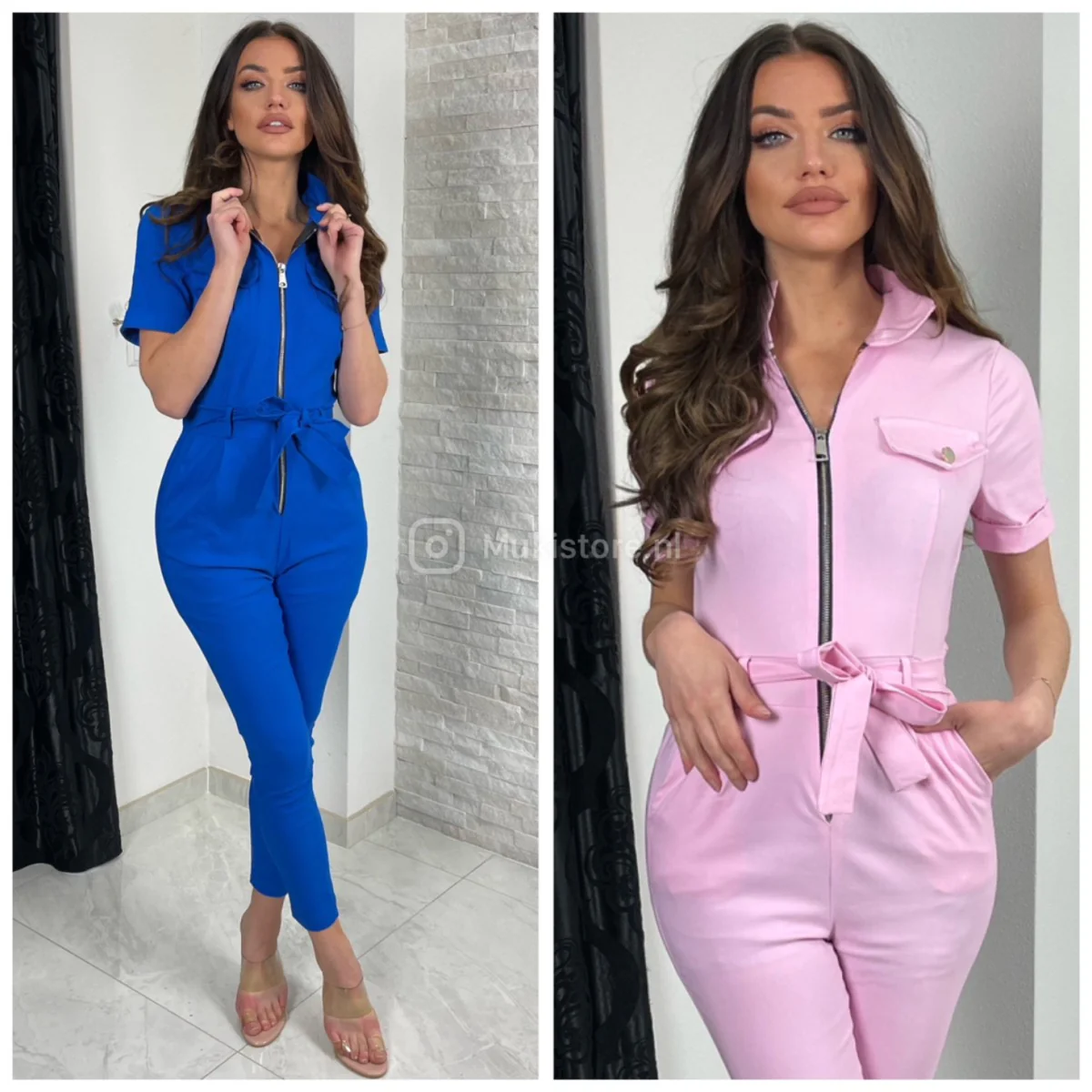 Zipper Jumpsuit Tie Belt Half Sleeves - Image 3